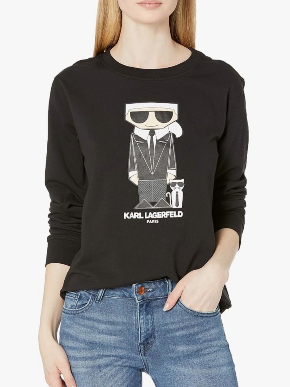 Karl Lagerfeld Black Crewneck Sweatshirt with Signature Cartoon Graphic Size M - Picture 2 of 14